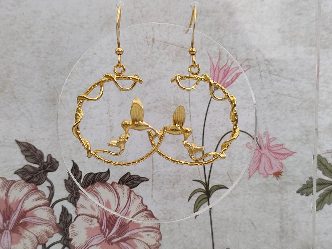 Hummingbird Hoops on Hooks, Golden Hummingbird Statement Earrings, Bird lover Earrings