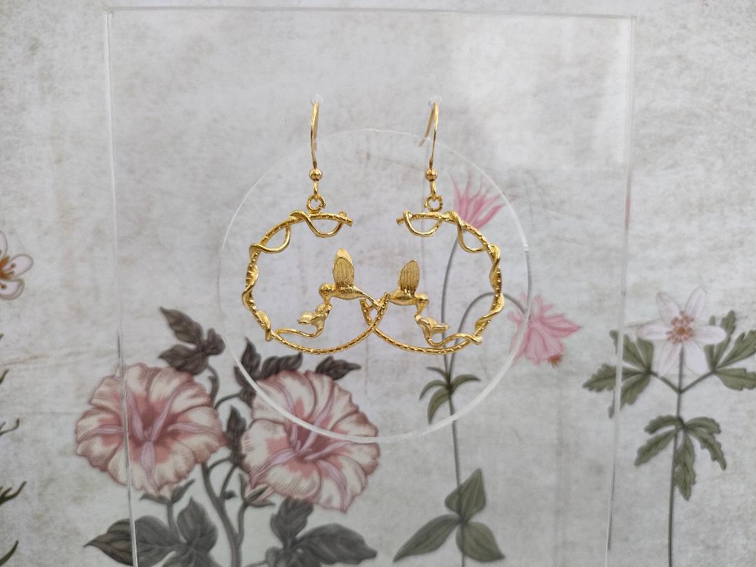Hummingbird Hoops on Hooks, Golden Hummingbird Statement Earrings, Bird lover Earrings