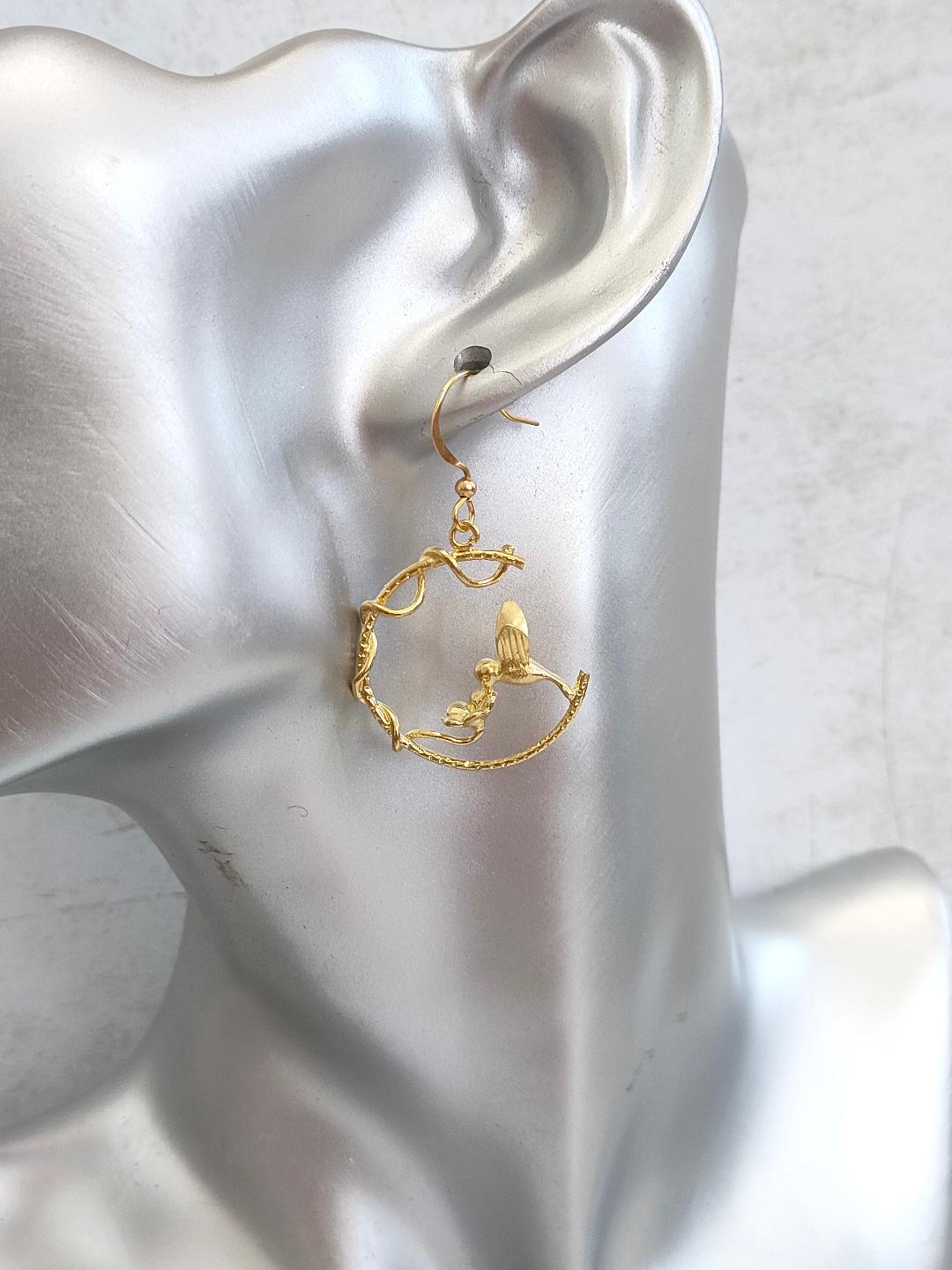 Hummingbird Hoops on Hooks, Golden Hummingbird Statement Earrings, Bird lover Earrings