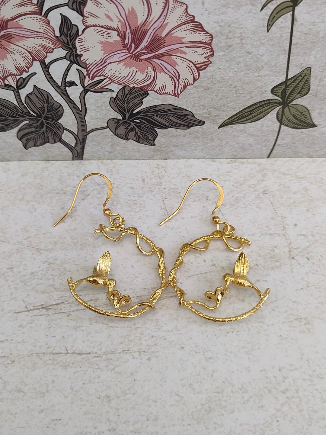 Hummingbird Hoops on Hooks, Golden Hummingbird Statement Earrings, Bird lover Earrings