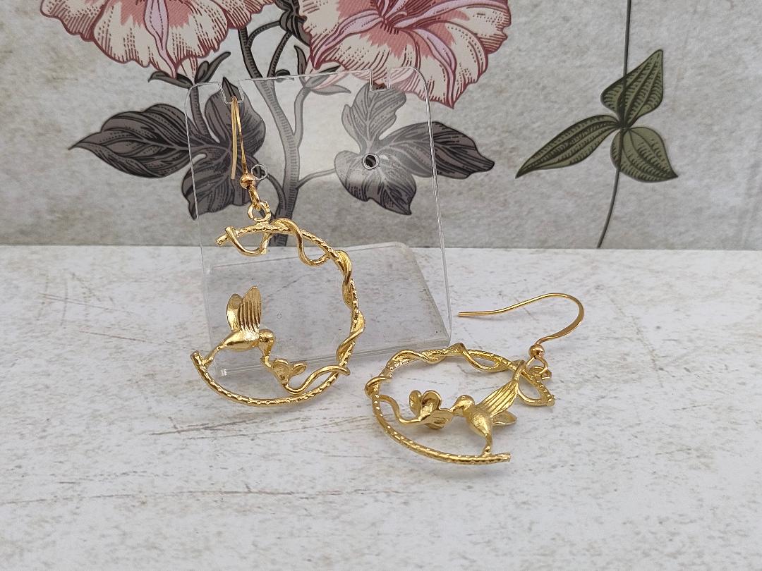 Hummingbird Hoops on Hooks, Golden Hummingbird Statement Earrings, Bird lover Earrings