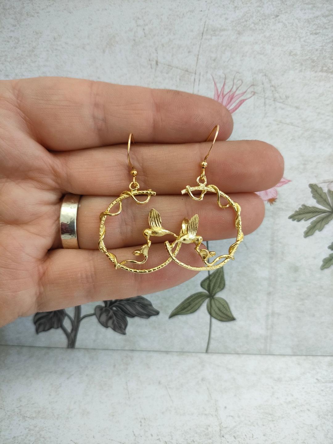 Hummingbird Hoops on Hooks, Golden Hummingbird Statement Earrings, Bird lover Earrings