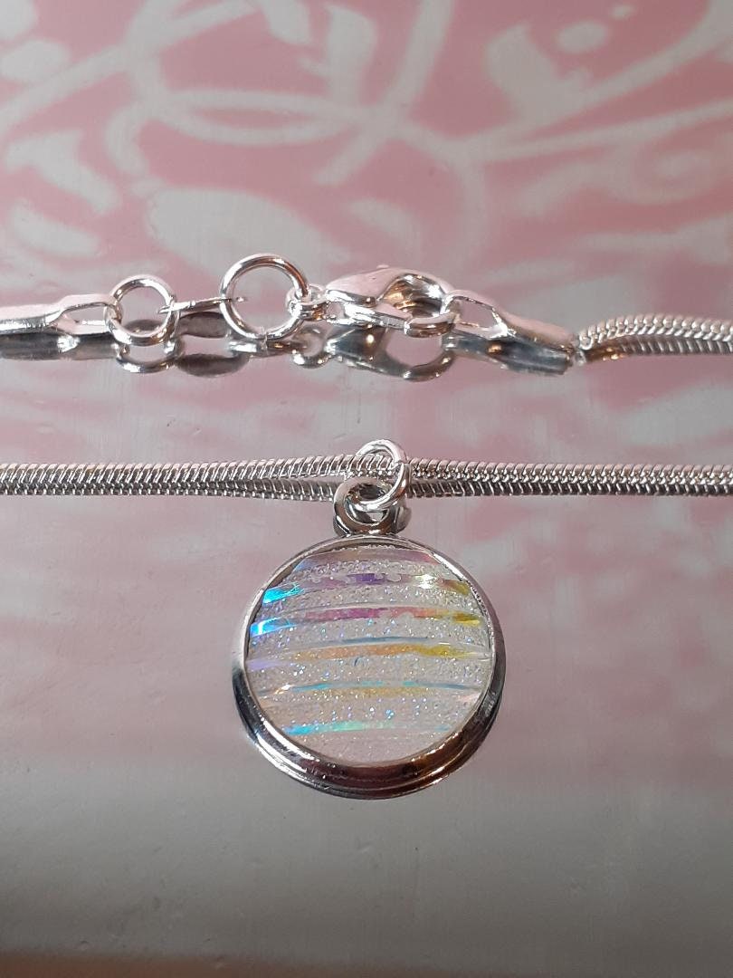 White Mermaid Themed Necklace, Stripy Glitter Cabochon Pendant, Cute Necklace, Round White Sparkly 18inch Necklace  (925 Silver chain)