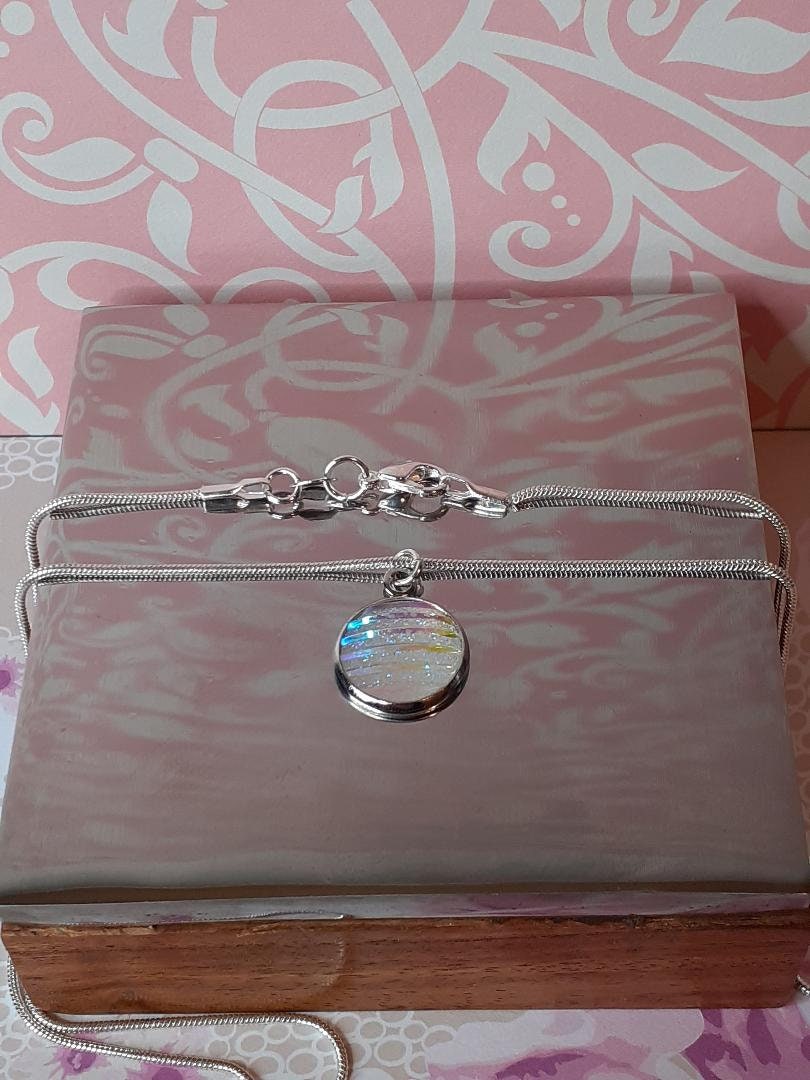 White Mermaid Themed Necklace, Stripy Glitter Cabochon Pendant, Cute Necklace, Round White Sparkly 18inch Necklace  (925 Silver chain)