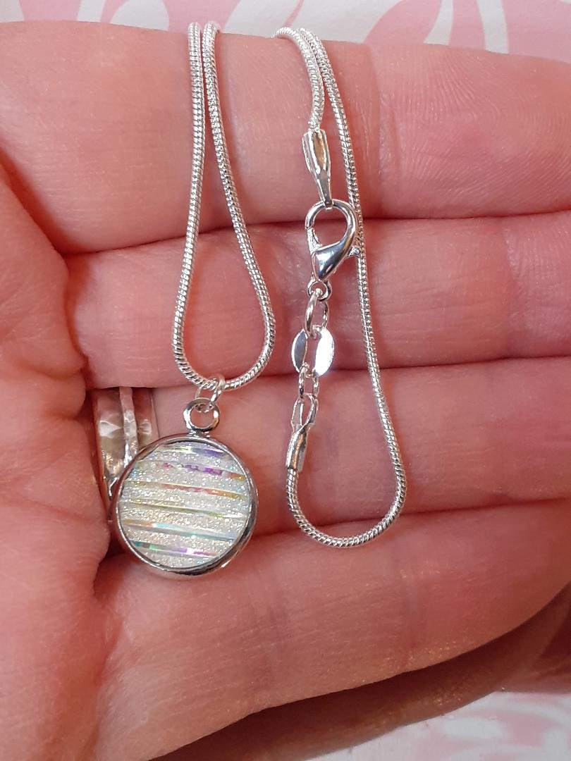White Mermaid Themed Necklace, Stripy Glitter Cabochon Pendant, Cute Necklace, Round White Sparkly 18inch Necklace  (925 Silver chain)