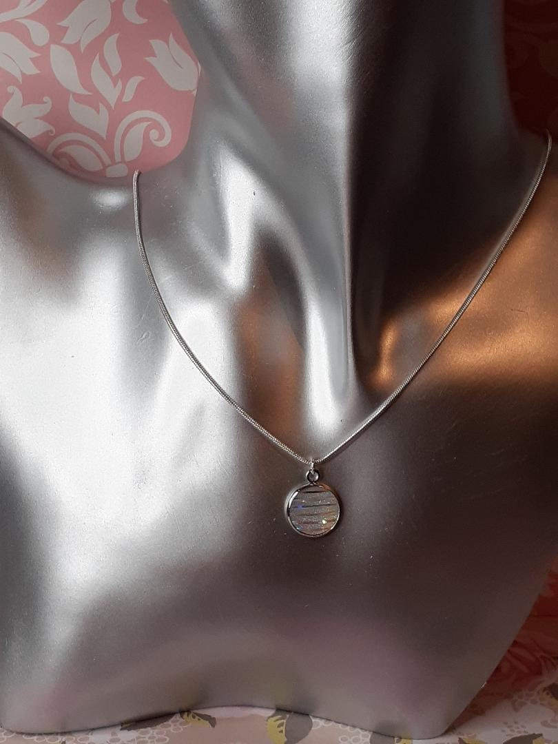 White Mermaid Themed Necklace, Stripy Glitter Cabochon Pendant, Cute Necklace, Round White Sparkly 18inch Necklace  (925 Silver chain)