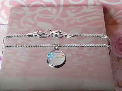White Mermaid Themed Necklace, Stripy Glitter Cabochon Pendant, Cute Necklace, Round White Sparkly 18inch Necklace  (925 Silver chain)