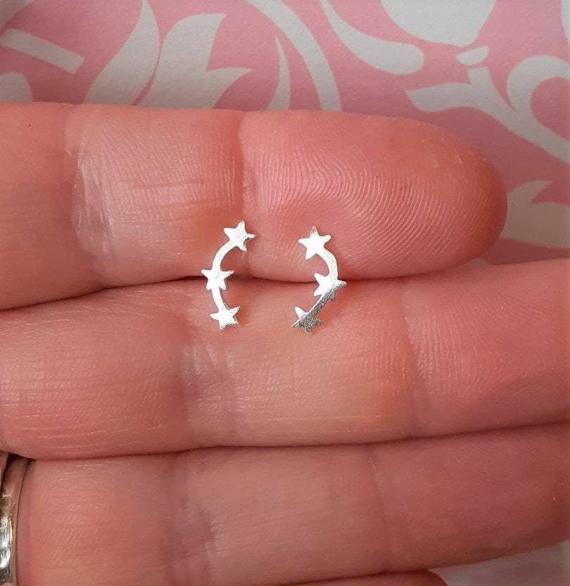 925 Sterling Silver (Stamped) Star Trio, Tiny Star Studs, Silver Star studs, Curved Star Trio Studs