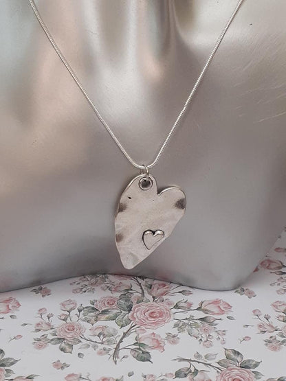 Large Heart Pendant, Silver Alloy Heart Necklace, Silver 925 Chain, Large Heart Chain.