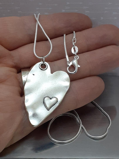 Large Heart Pendant, Silver Alloy Heart Necklace, Silver 925 Chain, Large Heart Chain.