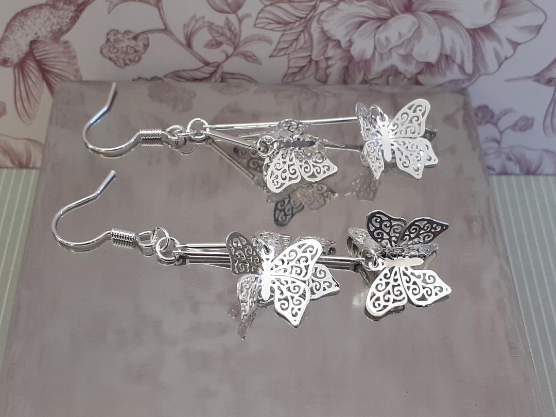 Butterfly earring, Butterfly Cluster Earring, Long silver Butterfly's, Butterfly Dangle Drop Earrings, Statement Earrings (Silver 925 Hook)