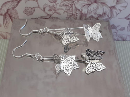 Butterfly earring, Butterfly Cluster Earring, Long silver Butterfly's, Butterfly Dangle Drop Earrings, Statement Earrings (Silver 925 Hook)