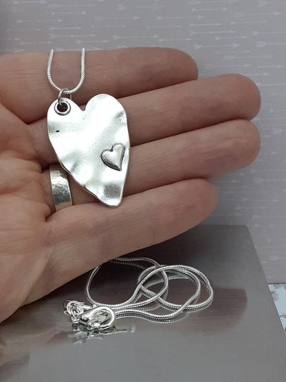 Large Heart Pendant, Silver Alloy Heart Necklace, Silver 925 Chain, Large Heart Chain.