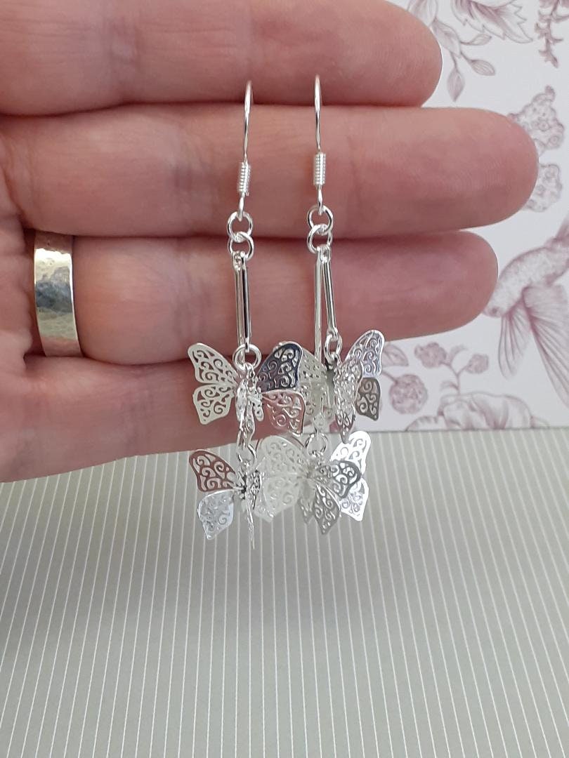 Butterfly earring, Butterfly Cluster Earring, Long silver Butterfly's, Butterfly Dangle Drop Earrings, Statement Earrings (Silver 925 Hook)