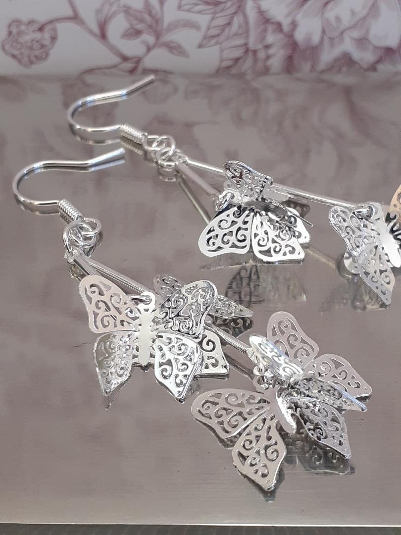 Butterfly earring, Butterfly Cluster Earring, Long silver Butterfly's, Butterfly Dangle Drop Earrings, Statement Earrings (Silver 925 Hook)