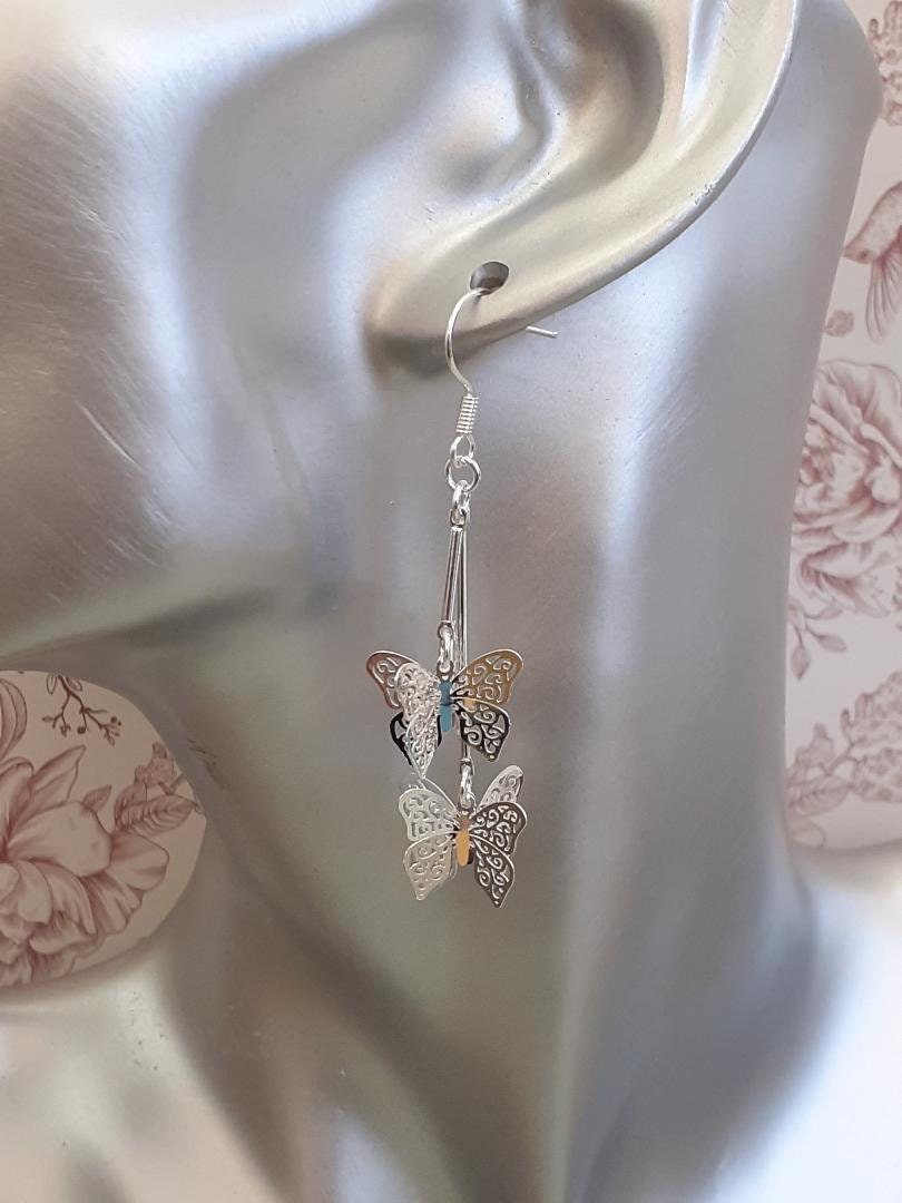 Butterfly earring, Butterfly Cluster Earring, Long silver Butterfly's, Butterfly Dangle Drop Earrings, Statement Earrings (Silver 925 Hook)