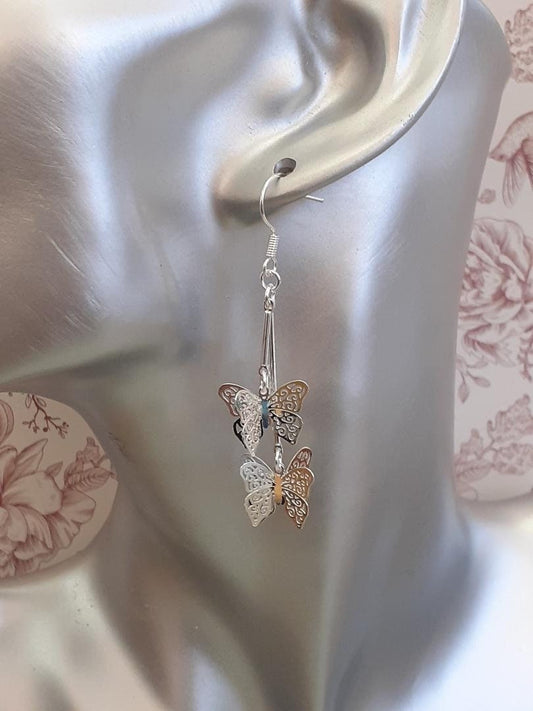 Butterfly earring, Butterfly Cluster Earring, Long silver Butterfly's, Butterfly Dangle Drop Earrings, Statement Earrings (Silver 925 Hook)