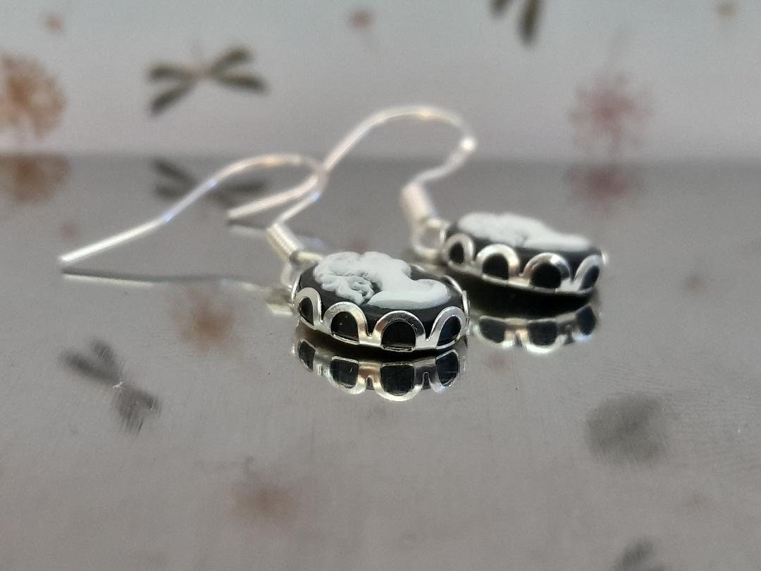 Greek Goddess Black Cameo Earrings, Cameo Earrings, Silver 925 Earrings, Black  and white Cameo Earrings, Oval Cameo Earrings.
