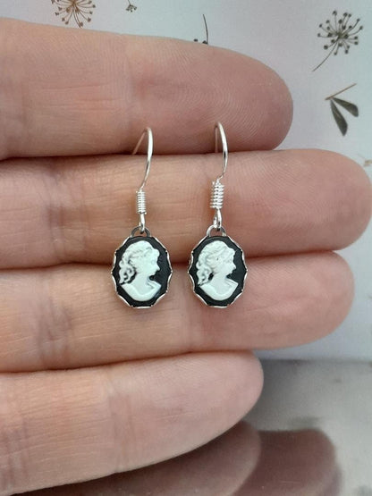 Greek Goddess Black Cameo Earrings, Cameo Earrings, Silver 925 Earrings, Black  and white Cameo Earrings, Oval Cameo Earrings.