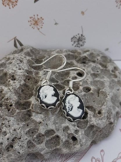 Greek Goddess Black Cameo Earrings, Cameo Earrings, Silver 925 Earrings, Black  and white Cameo Earrings, Oval Cameo Earrings.