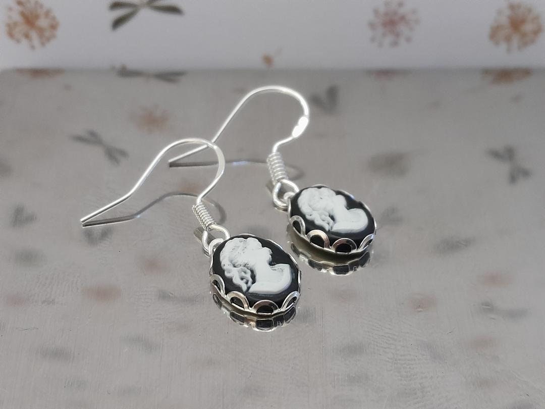 Greek Goddess Black Cameo Earrings, Cameo Earrings, Silver 925 Earrings, Black  and white Cameo Earrings, Oval Cameo Earrings.