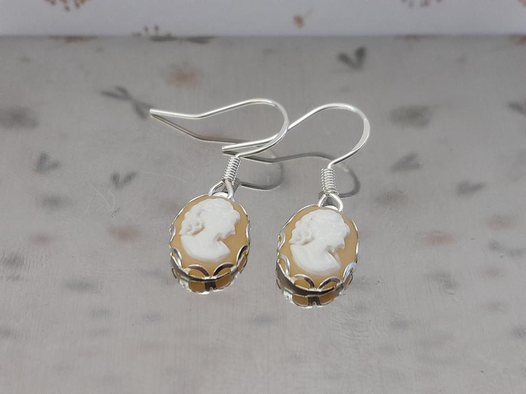 Greek Goddess Peach Cameo Earrings, Cameo Earrings, Silver 925 Earrings, Peach and white Cameo Earrings, Oval Cameo Earrings.