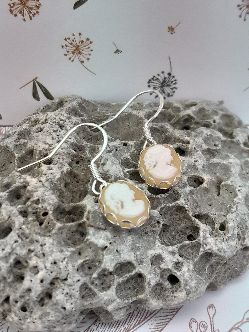 Greek Goddess Peach Cameo Earrings, Cameo Earrings, Silver 925 Earrings, Peach and white Cameo Earrings, Oval Cameo Earrings.