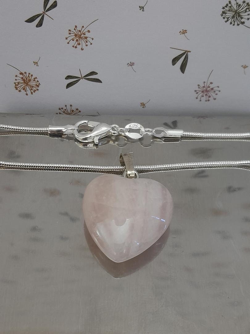 Large Rose Quarts Silver 925 pendant, Silver necklaces, Valentines Gift for Her, Romantic Necklaces, 18 inch Heart necklace