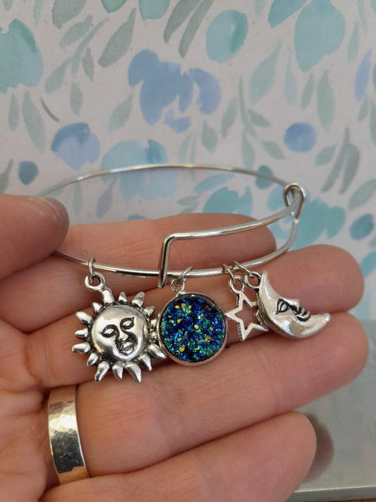 Adjustable Moon Star and Sun Bangle. Moon Charm Bangles Adjustable bracelet, Astrology Themed Jewellery Silver Bangles.