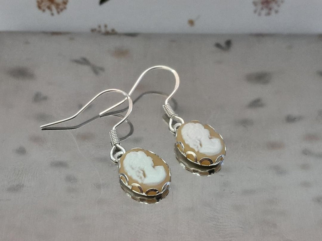 Greek Goddess Peach Cameo Earrings, Cameo Earrings, Silver 925 Earrings, Peach and white Cameo Earrings, Oval Cameo Earrings.