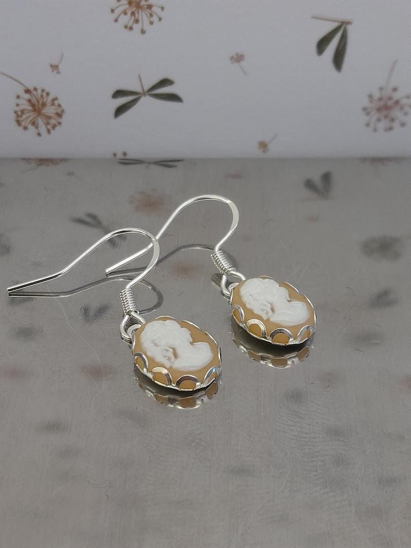 Greek Goddess Peach Cameo Earrings, Cameo Earrings, Silver 925 Earrings, Peach and white Cameo Earrings, Oval Cameo Earrings.