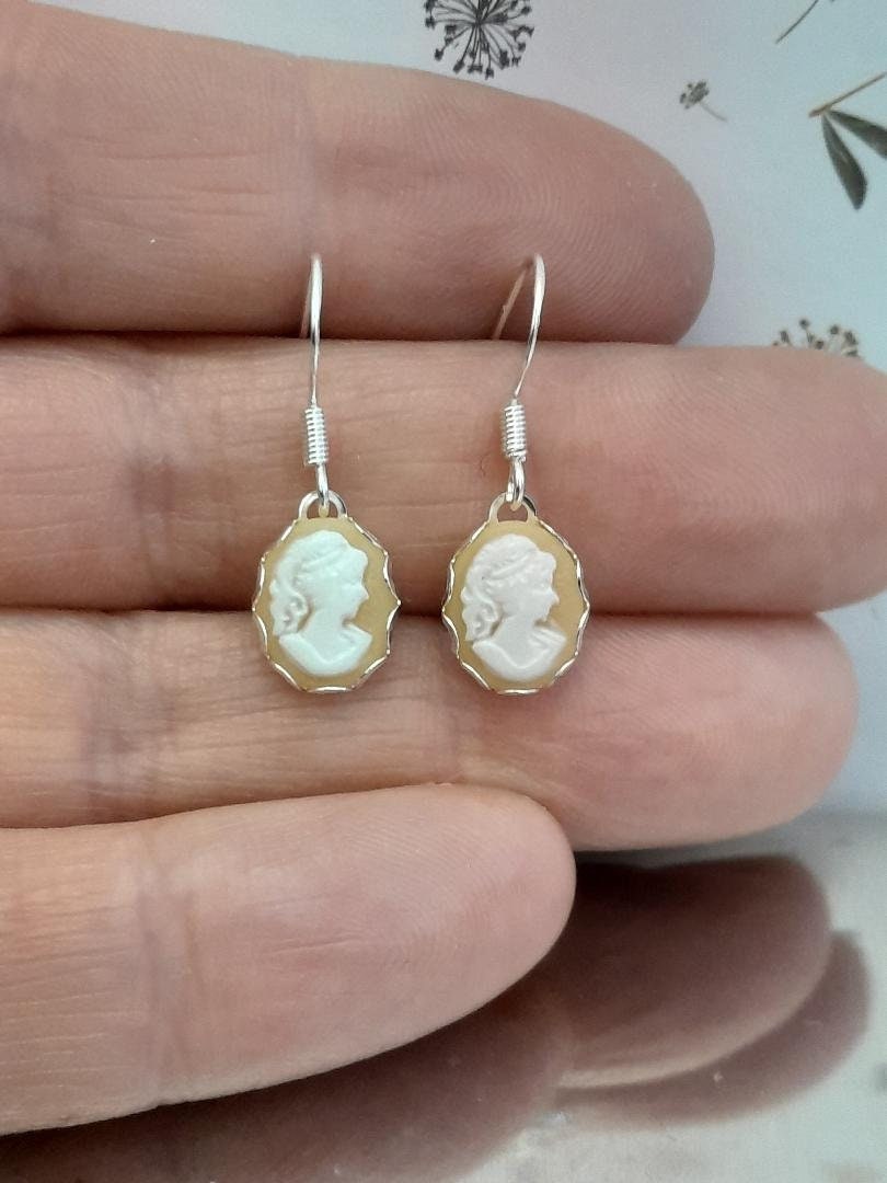 Greek Goddess Peach Cameo Earrings, Cameo Earrings, Silver 925 Earrings, Peach and white Cameo Earrings, Oval Cameo Earrings.