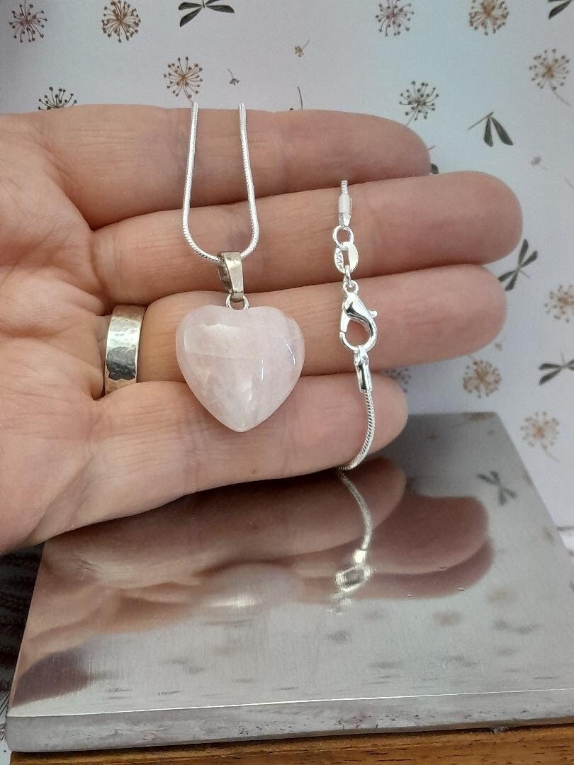 Large Rose Quarts Silver 925 pendant, Silver necklaces, Valentines Gift for Her, Romantic Necklaces, 18 inch Heart necklace