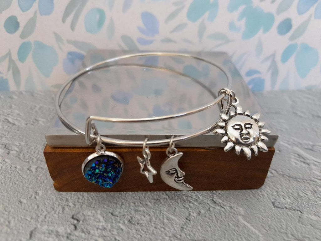 Adjustable Moon Star and Sun Bangle. Moon Charm Bangles Adjustable bracelet, Astrology Themed Jewellery Silver Bangles.