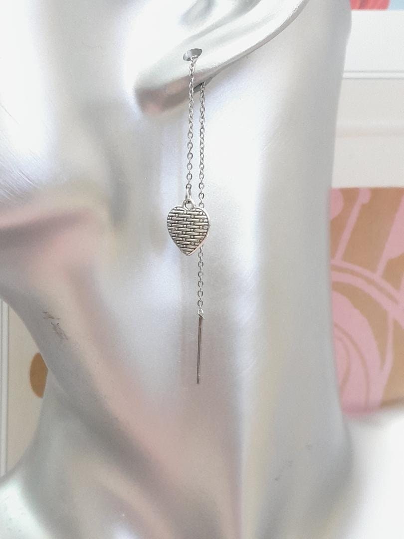 Textured Heart Ear Threaders, Heart Ear Threads, Long Threader earrings. 304 stainless Steel Ear Threaders, Gift for Mum, Cute Jewellery