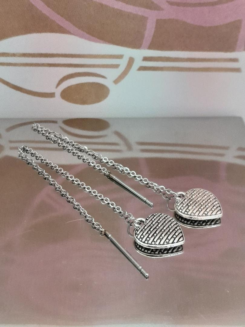 Textured Heart Ear Threaders, Heart Ear Threads, Long Threader earrings. 304 stainless Steel Ear Threaders, Gift for Mum, Cute Jewellery