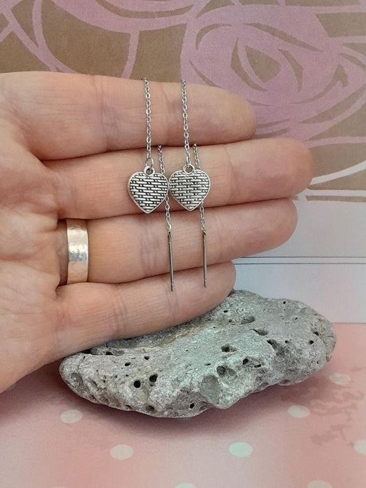 Textured Heart Ear Threaders, Heart Ear Threads, Long Threader earrings. 304 stainless Steel Ear Threaders, Gift for Mum, Cute Jewellery