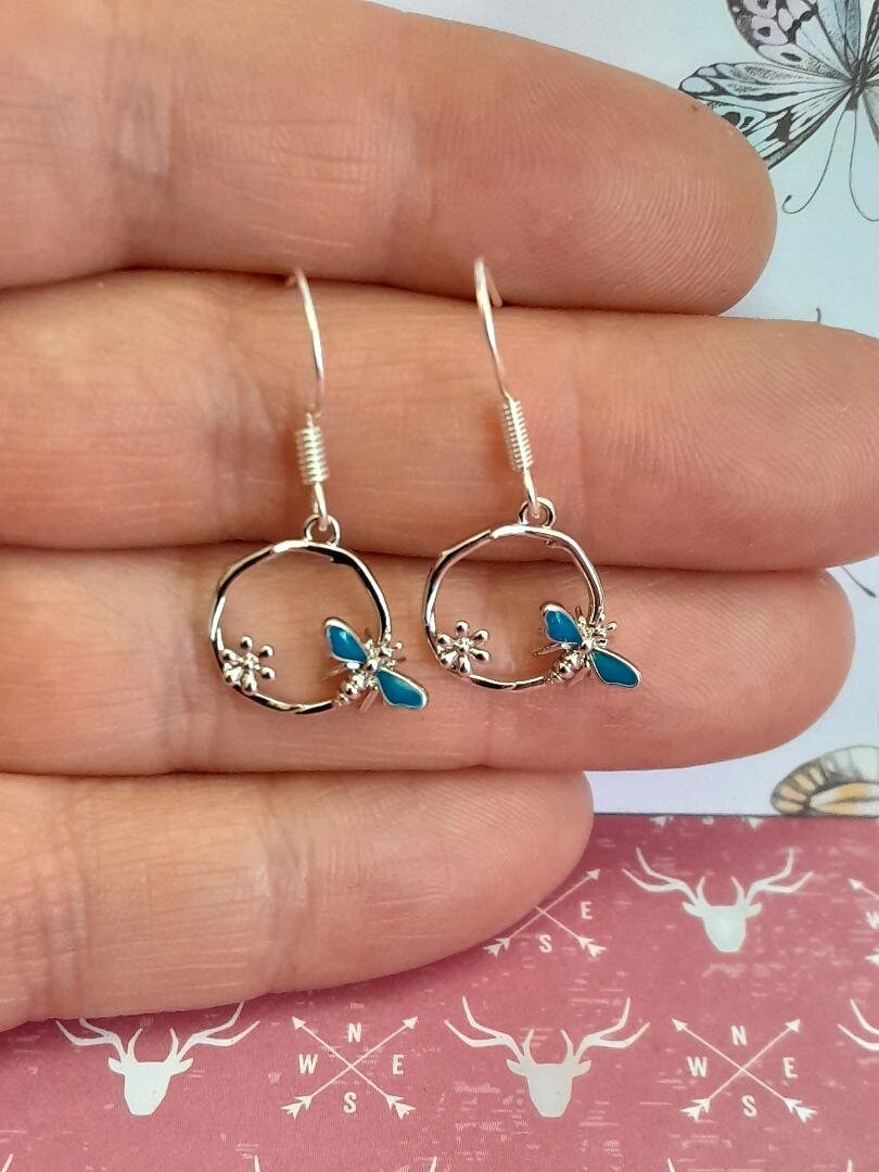 Silver Butterfly Earrings, Gift for Mothers Day, Cute Butterfly Earrings for her, Blue Enamel Butterfly 925 Earrings