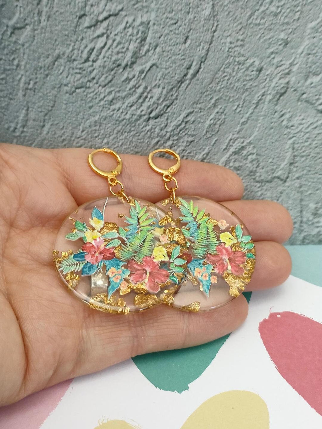 Oversized 90's Retro flower painted Earrings, Golden Huggie Hoops, Resin Dangle Drop Earrings, Gift for Mum .
