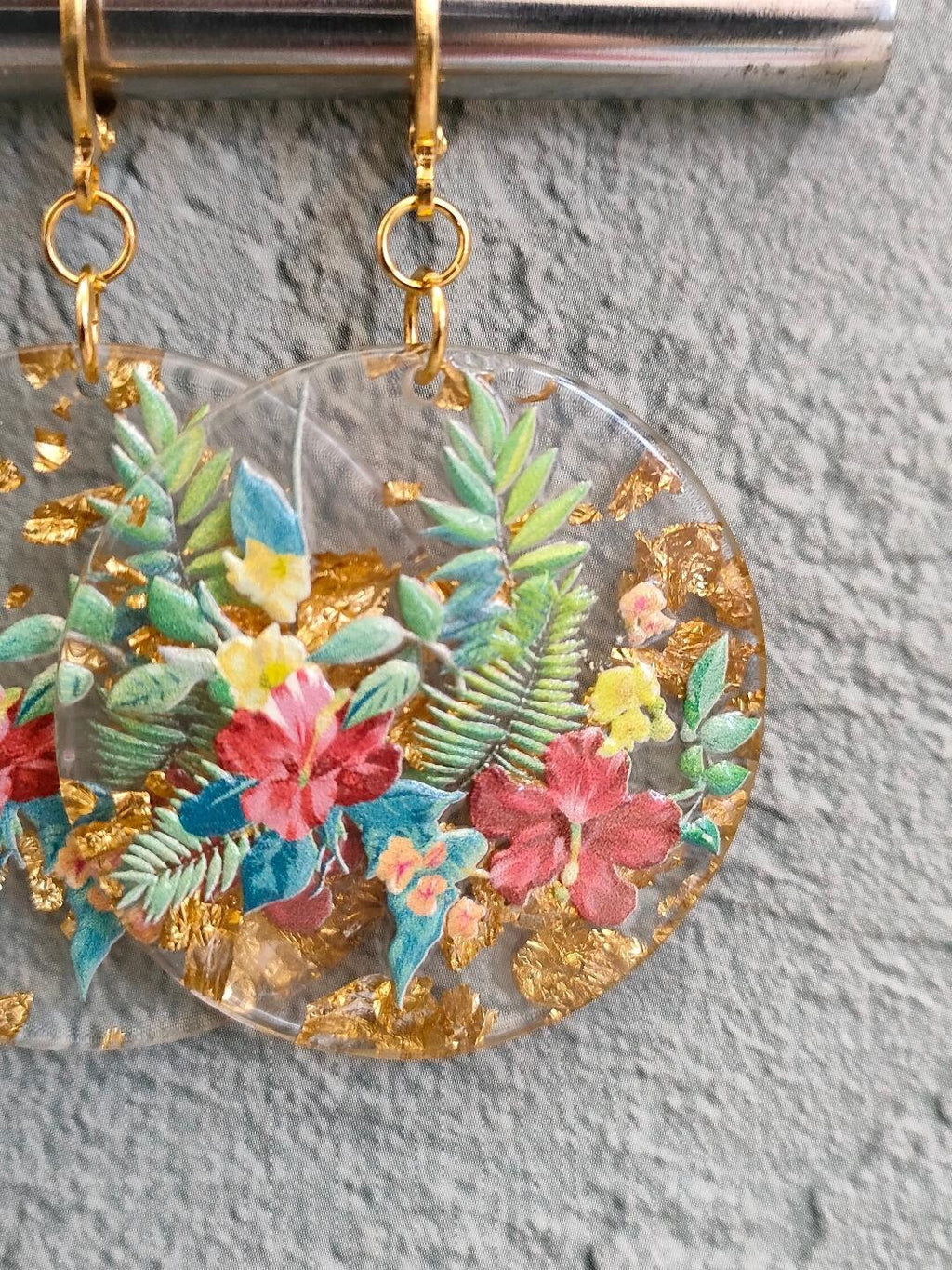 Oversized 90's Retro flower painted Earrings, Golden Huggie Hoops, Resin Dangle Drop Earrings, Gift for Mum .