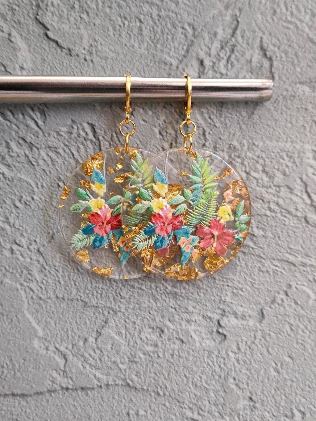 Oversized 90's Retro flower painted Earrings, Golden Huggie Hoops, Resin Dangle Drop Earrings, Gift for Mum .