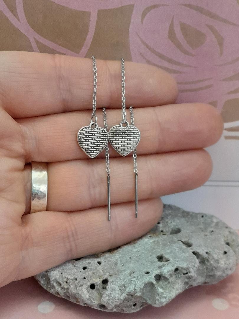 Textured Heart Ear Threaders, Heart Ear Threads, Long Threader earrings. 304 stainless Steel Ear Threaders, Gift for Mum, Cute Jewellery