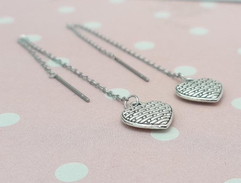 Textured Heart Ear Threaders, Heart Ear Threads, Long Threader earrings. 304 stainless Steel Ear Threaders, Gift for Mum, Cute Jewellery