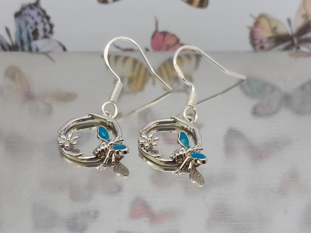 Silver Butterfly Earrings, Gift for Mothers Day, Cute Butterfly Earrings for her, Blue Enamel Butterfly 925 Earrings