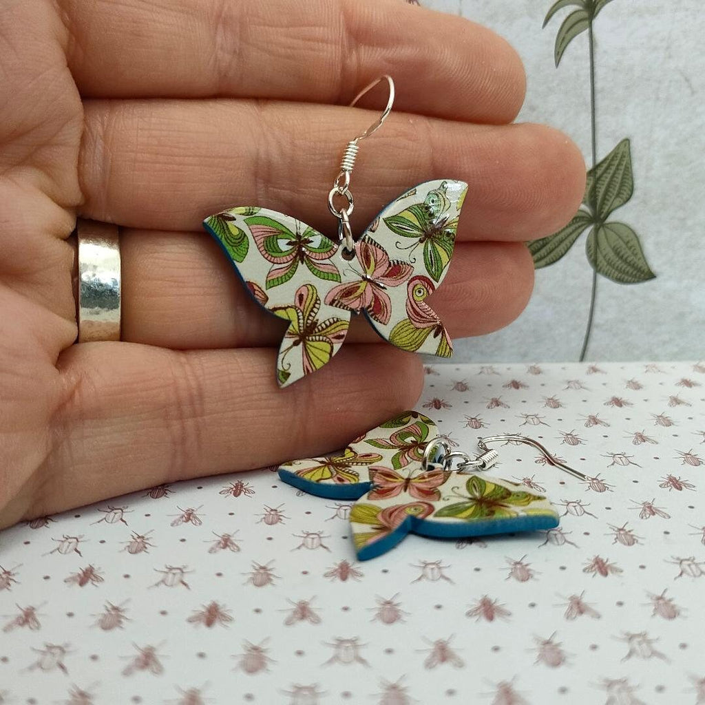Printed 3D  Opaque Acrylic Butterfly Earrings, Light Green Dangle Drop Butterfly Earrings, Silver 925 Hook