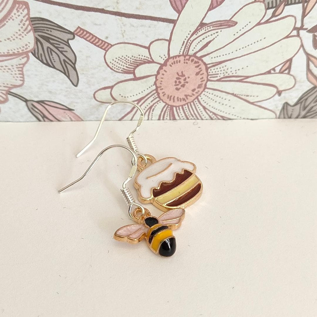 Cute Mix and Match Baby Enamel Bee and Honey Pot Earring, Bee Themed Earrings, Bee lover Jewellery (Silver 925 Hook)