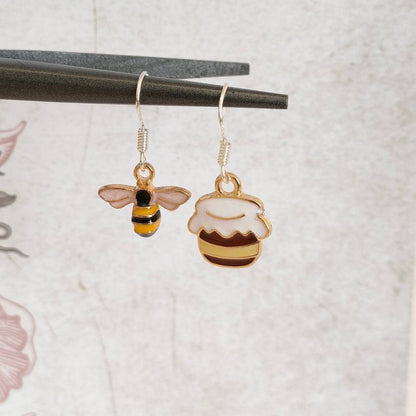 Cute Mix and Match Baby Enamel Bee and Honey Pot Earring, Bee Themed Earrings, Bee lover Jewellery (Silver 925 Hook)