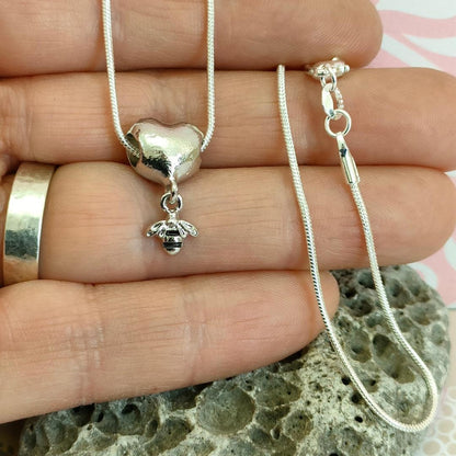 Bee Necklace with Chunky Heart, Bee Lover Jewellery, Gift for Bee Lovers, Silver 925 Chain 18inch