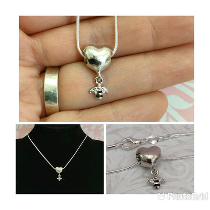 Bee Necklace with Chunky Heart, Bee Lover Jewellery, Gift for Bee Lovers, Silver 925 Chain 18inch