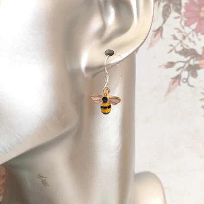 Cute Baby enamel Bee and Light Gold earring, Bee earrings, Small Bee Earrings, (Silver 925 Hook)